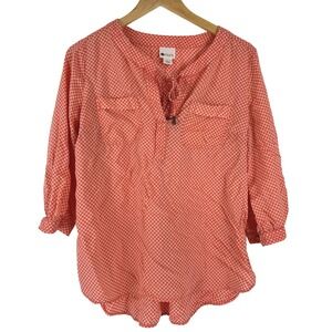 Stylus Womens Large Coral Geometric Print 3/4 Sleeve Henley Blouse Tunic Top
